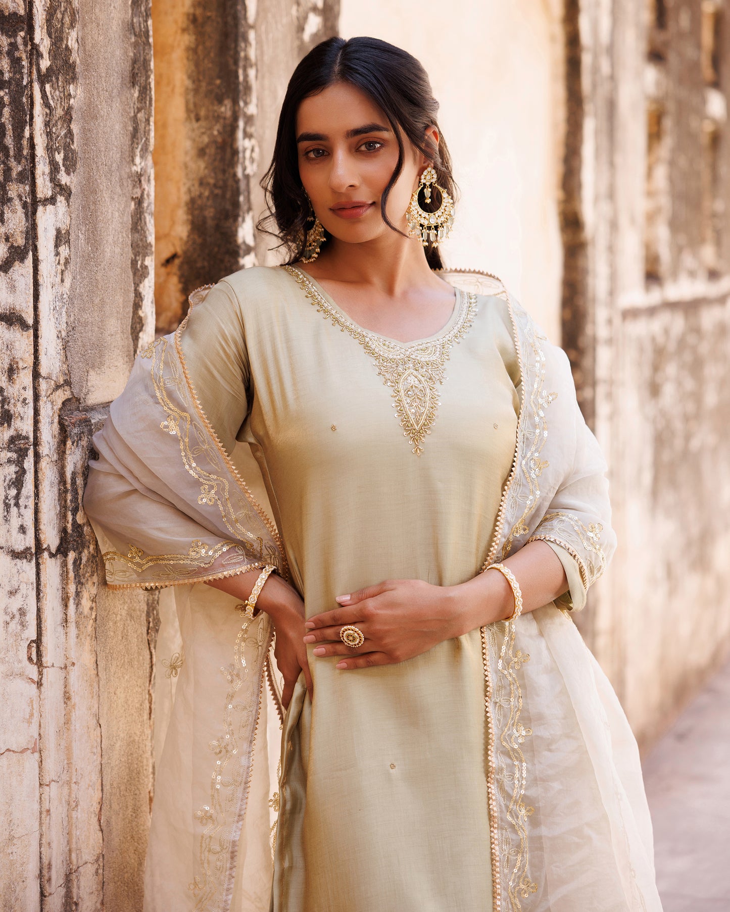 Pastel Green, Hand Embroidered Kurta Set