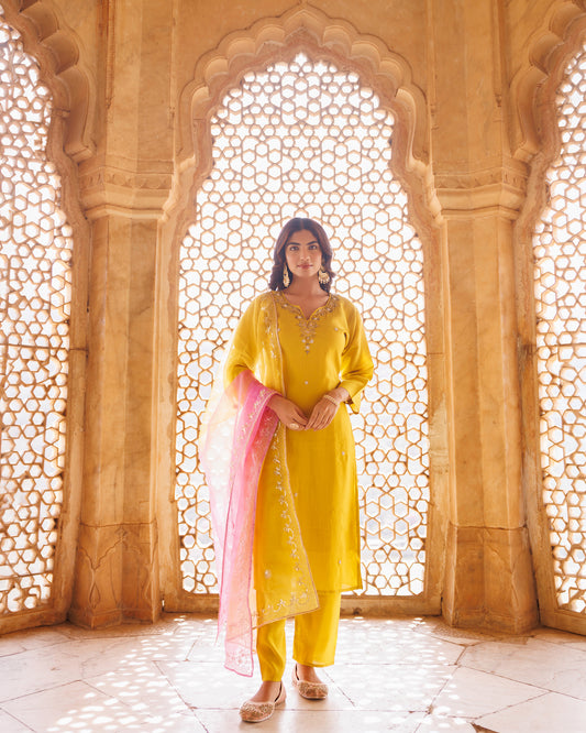 Yellow, Hand Embroidered Kurta Set With Dual Shaded Dupatta.