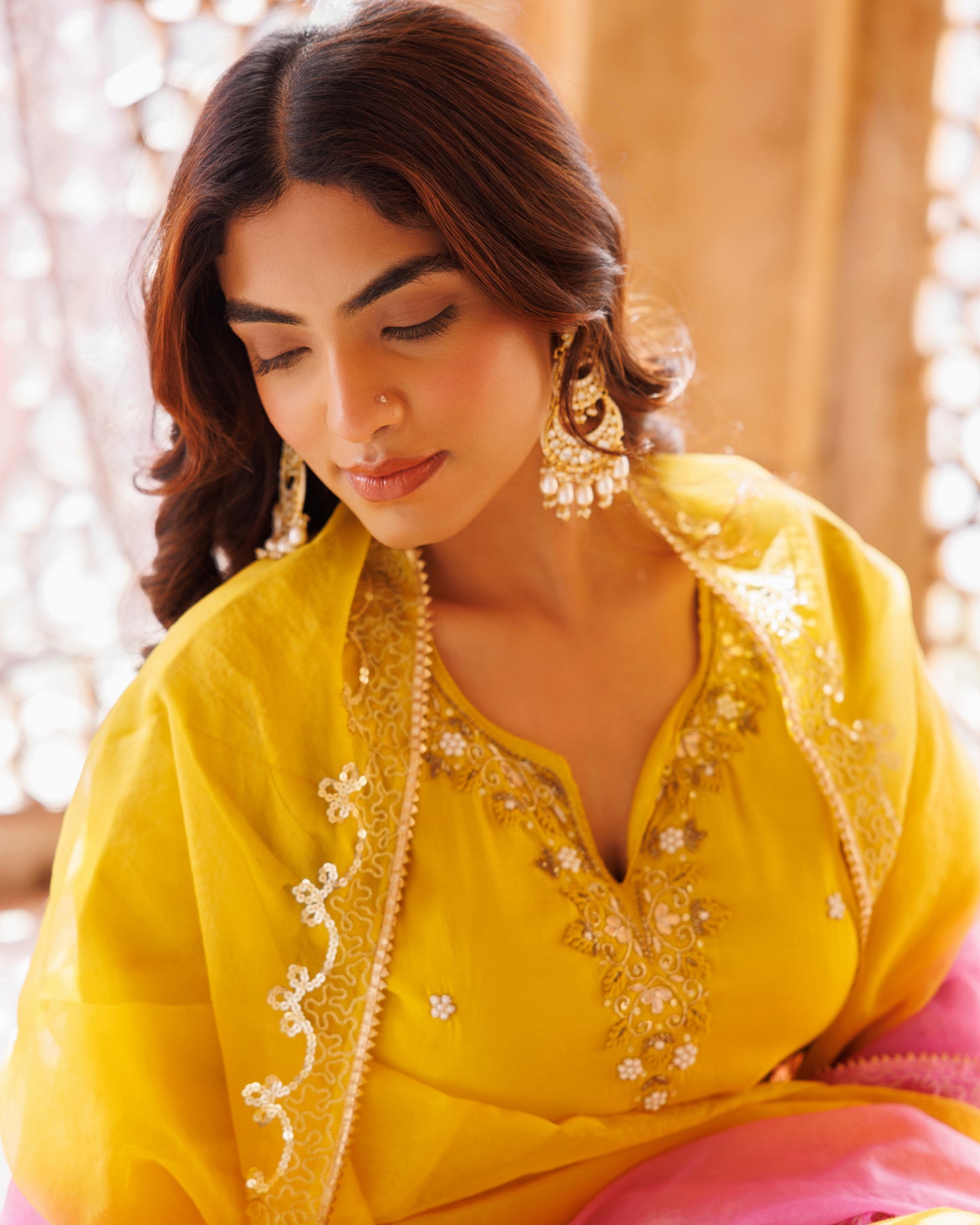 Yellow, Hand Embroidered Kurta Set With Dual Shaded Dupatta.