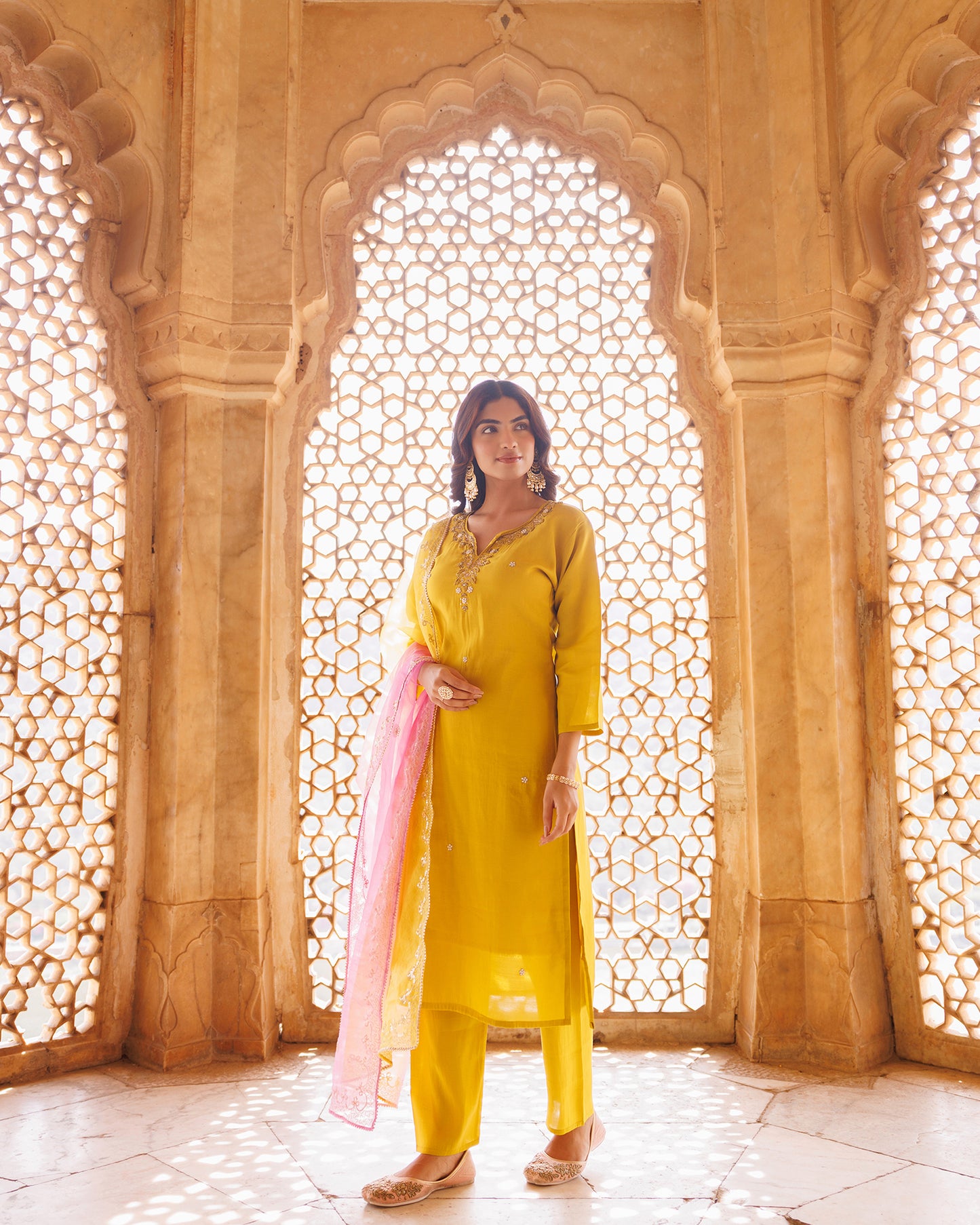 Yellow, Hand Embroidered Kurta Set With Dual Shaded Dupatta.