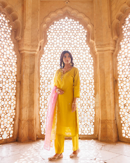 Yellow, Hand Embroidered Kurta Set With Dual Shaded Dupatta.