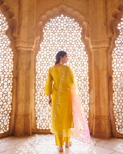 Yellow, Hand Embroidered Kurta Set With Dual Shaded Dupatta.