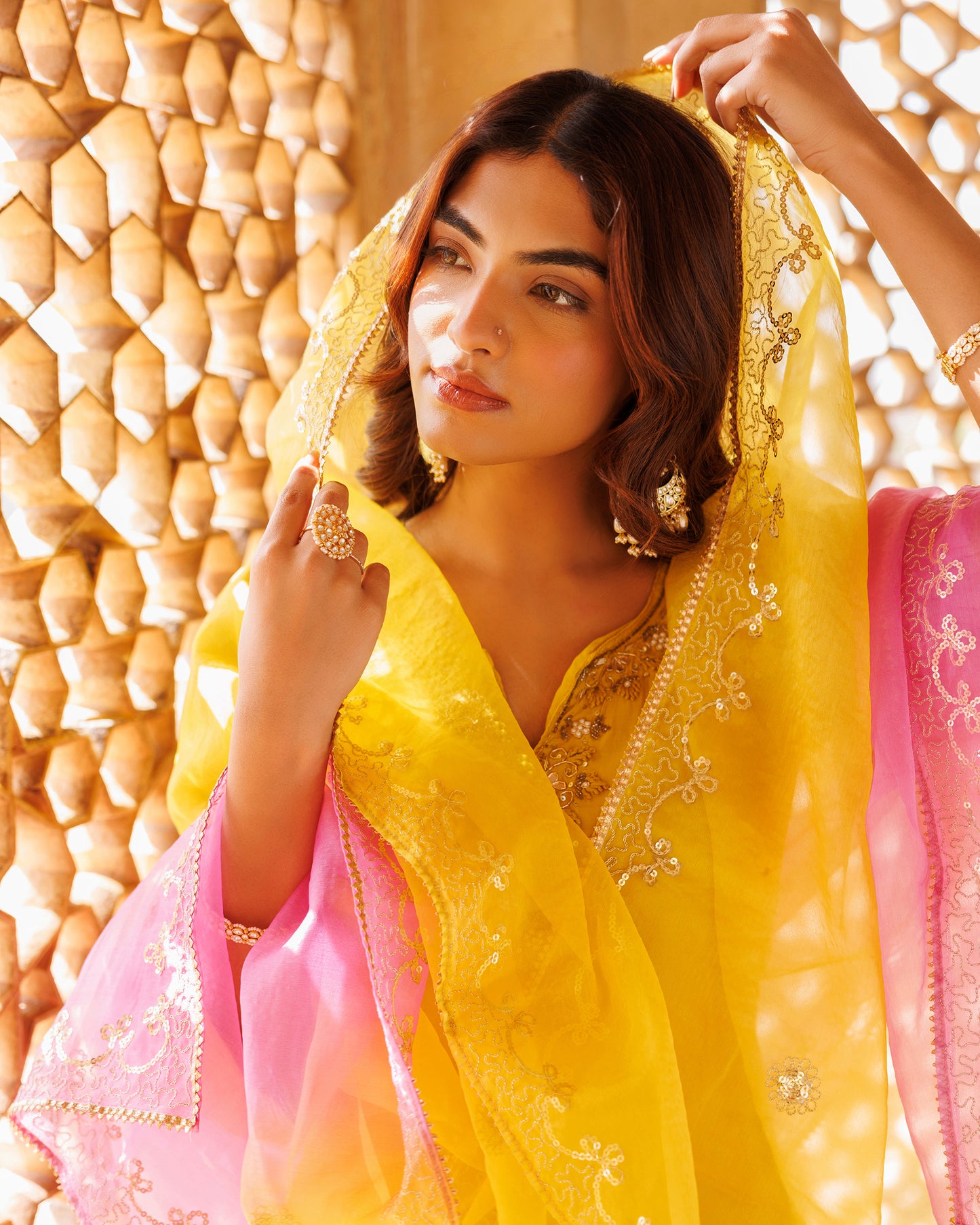 Yellow, Hand Embroidered Kurta Set With Dual Shaded Dupatta.