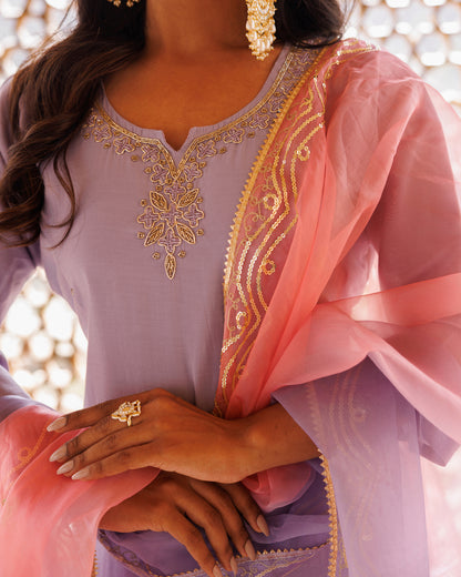 Lilac Hand Embroidered Kurta Set With Dual Shaded Dupatta