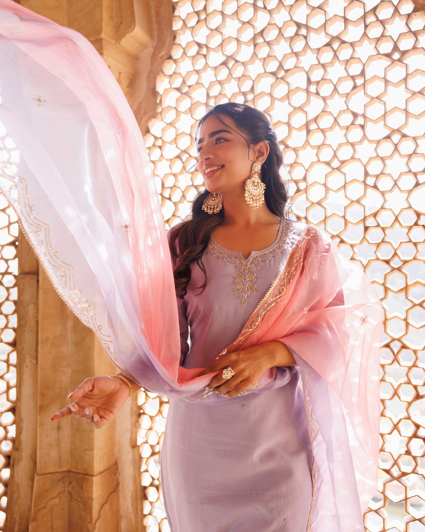 Lilac Hand Embroidered Kurta Set With Dual Shaded Dupatta