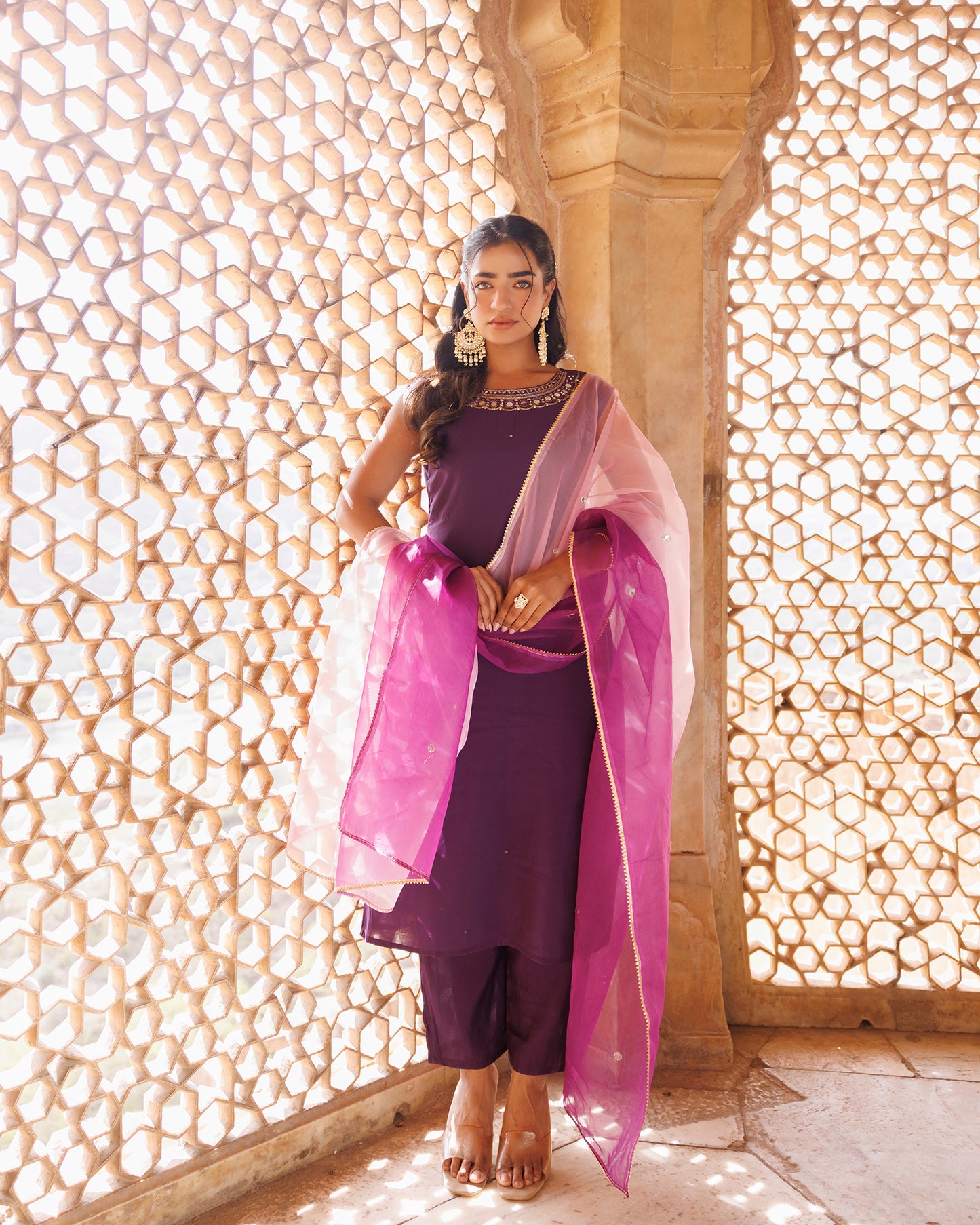 Wine Hand Embroidered Kurta Set With Dual Shaded Dupatta.