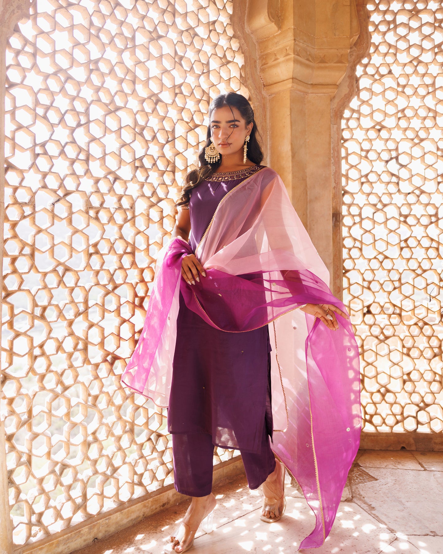 Wine Hand Embroidered Kurta Set With Dual Shaded Dupatta.