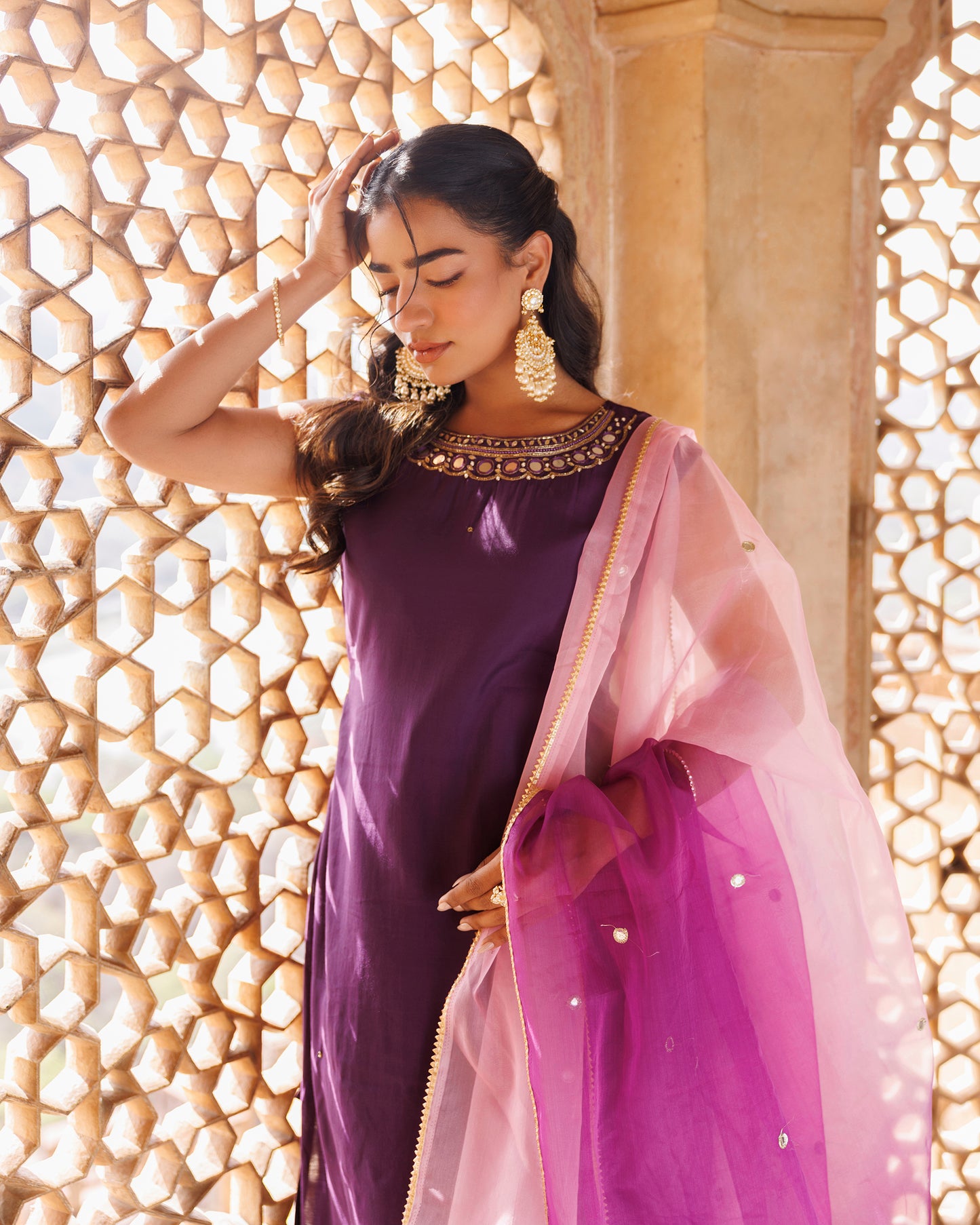 Wine Hand Embroidered Kurta Set With Dual Shaded Dupatta.