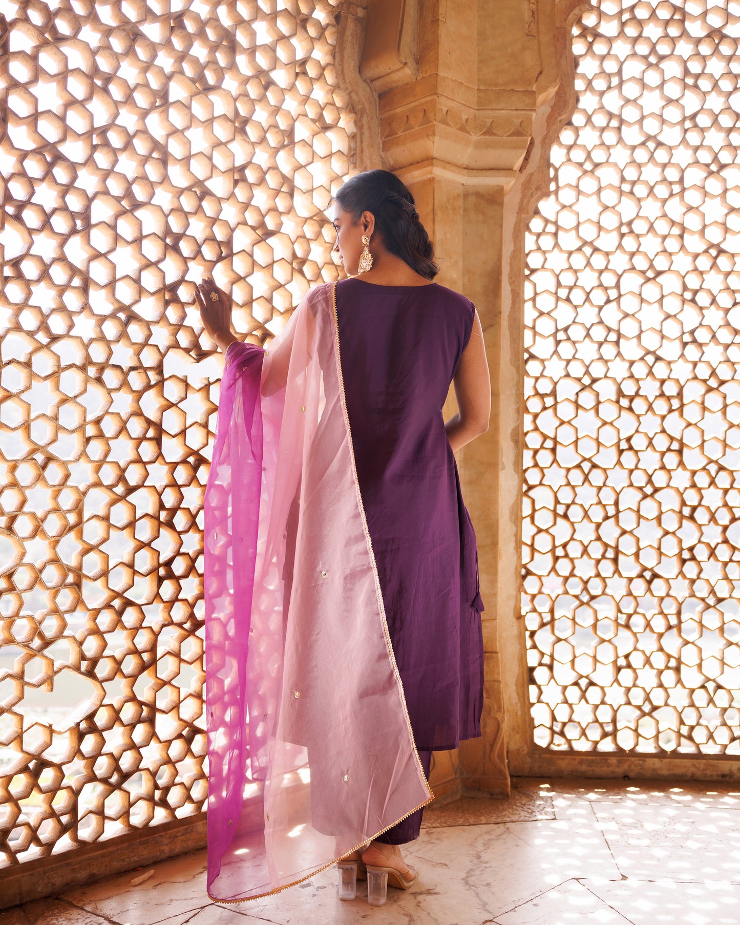 Wine Hand Embroidered Kurta Set With Dual Shaded Dupatta.