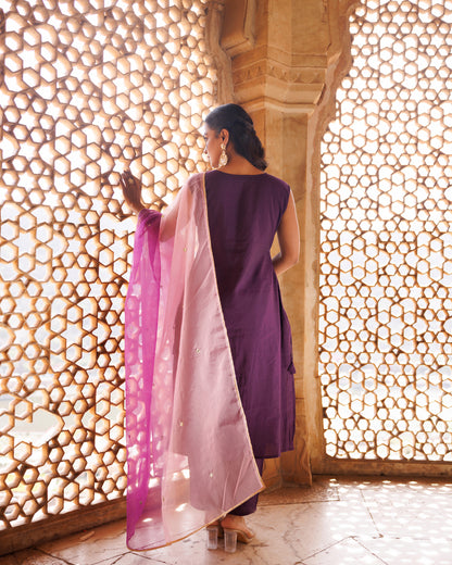 Wine Hand Embroidered Kurta Set With Dual Shaded Dupatta.
