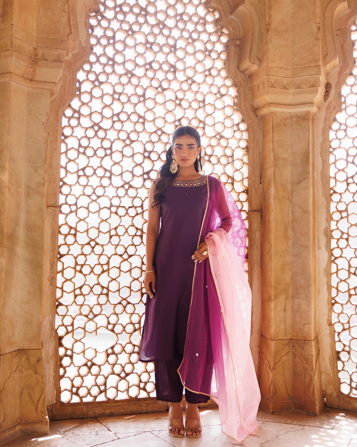 Wine Hand Embroidered Kurta Set With Dual Shaded Dupatta.