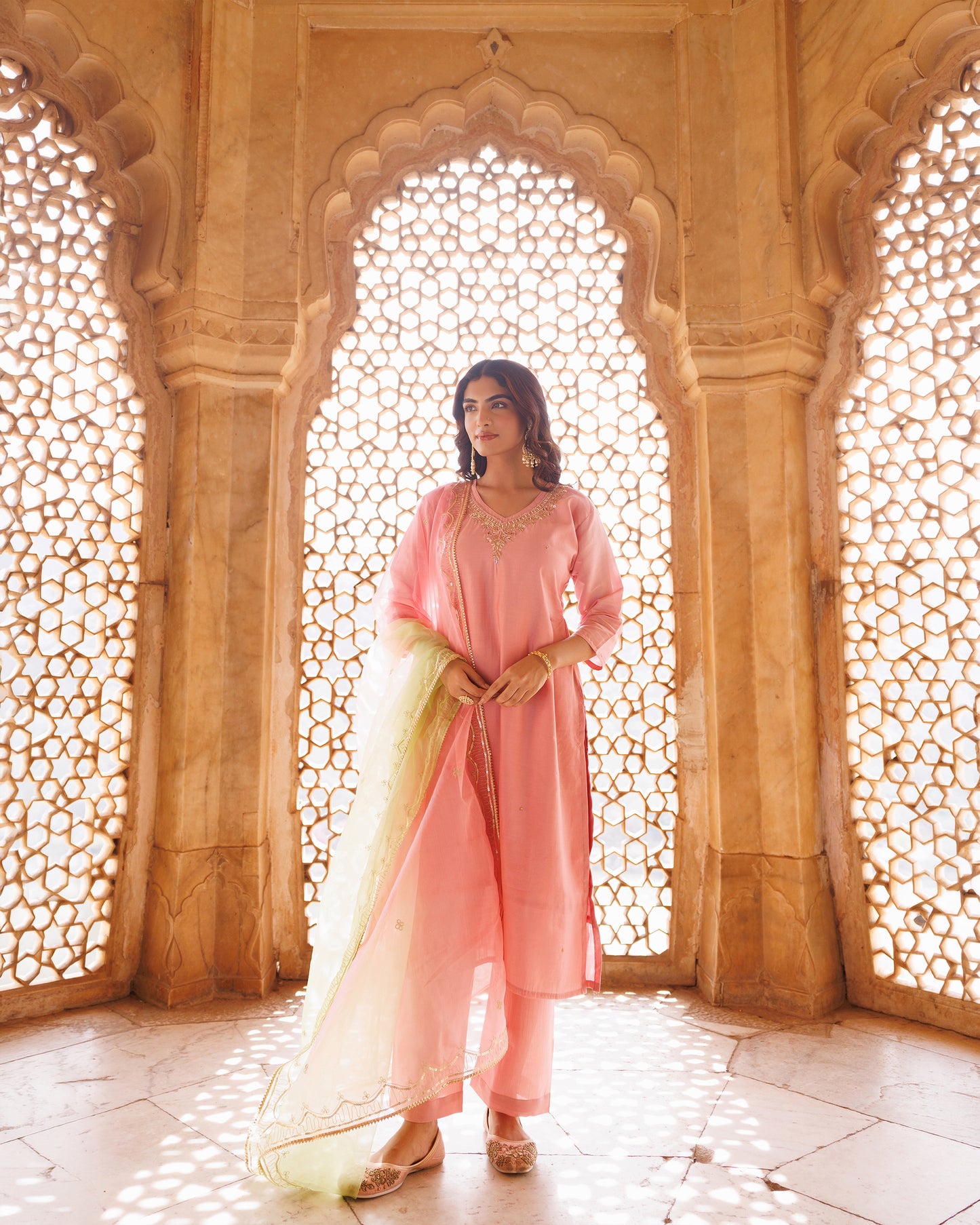 Pink Hand Embroidered Kurta Set With Dual Shaded Dupatta