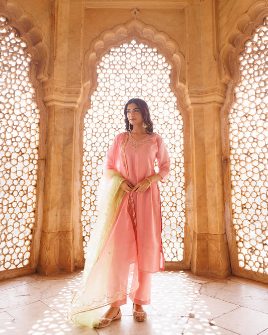 Pink Hand Embroidered Kurta Set With Dual Shaded Dupatta