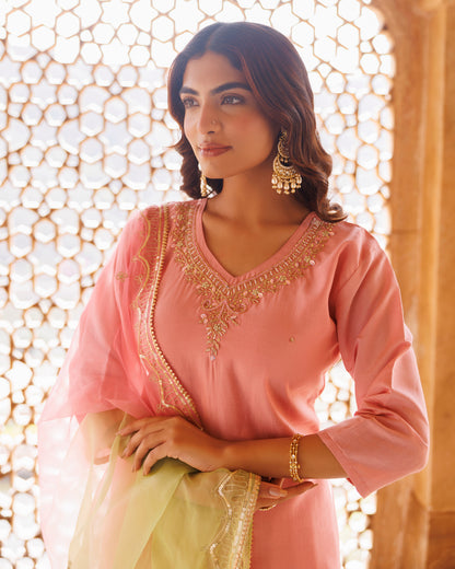 Pink Hand Embroidered Kurta Set With Dual Shaded Dupatta