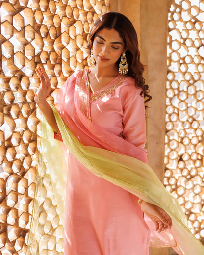Pink Hand Embroidered Kurta Set With Dual Shaded Dupatta