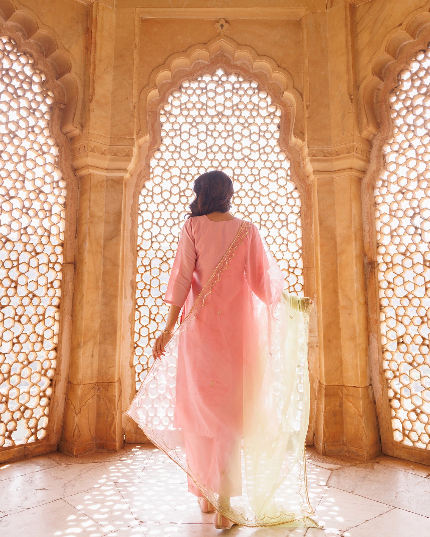 Pink Hand Embroidered Kurta Set With Dual Shaded Dupatta