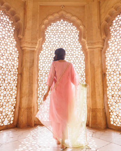 Pink Hand Embroidered Kurta Set With Dual Shaded Dupatta