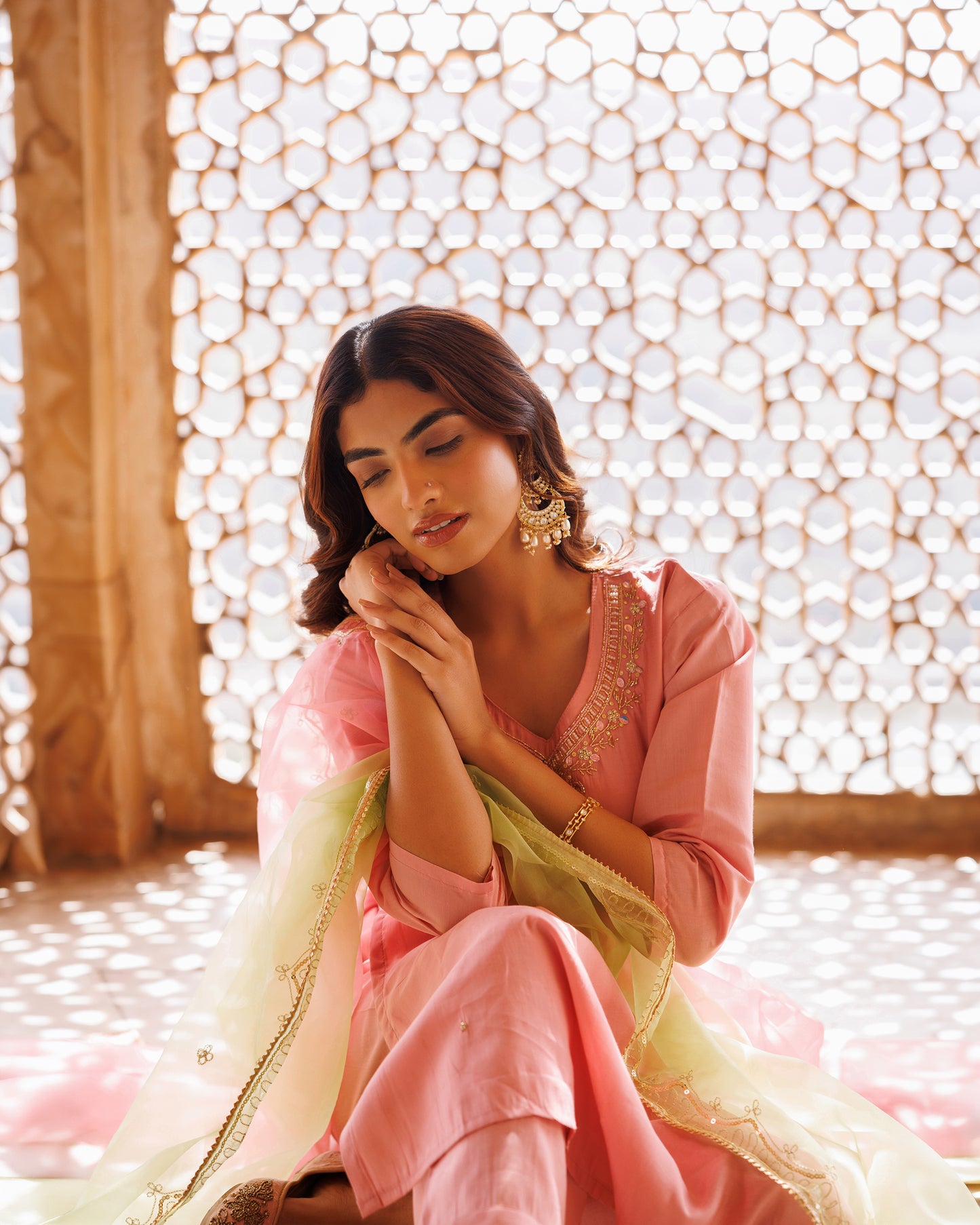 Pink Hand Embroidered Kurta Set With Dual Shaded Dupatta