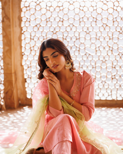 Pink Hand Embroidered Kurta Set With Dual Shaded Dupatta