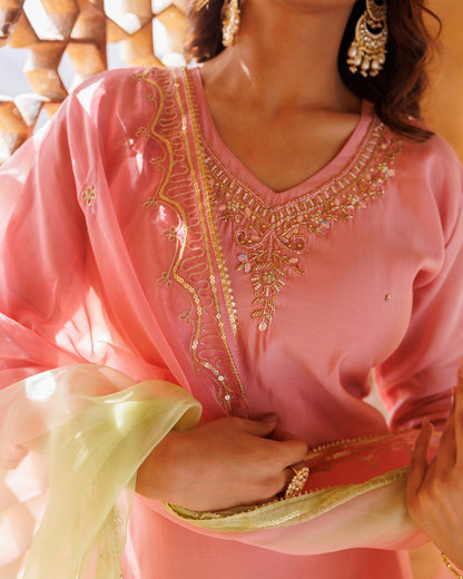 Pink Hand Embroidered Kurta Set With Dual Shaded Dupatta