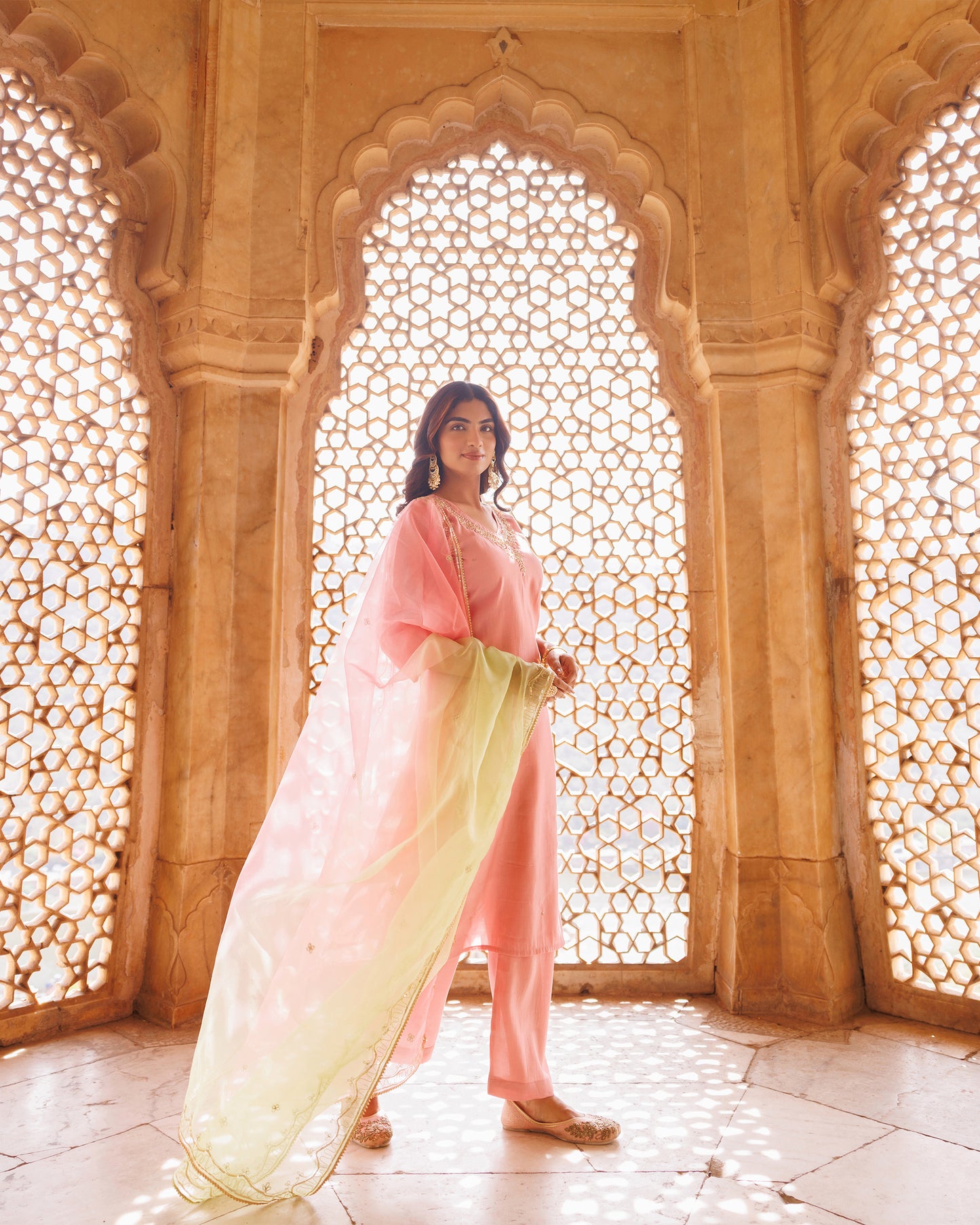 Pink Hand Embroidered Kurta Set With Dual Shaded Dupatta