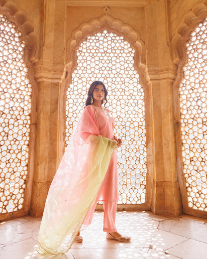 Pink Hand Embroidered Kurta Set With Dual Shaded Dupatta