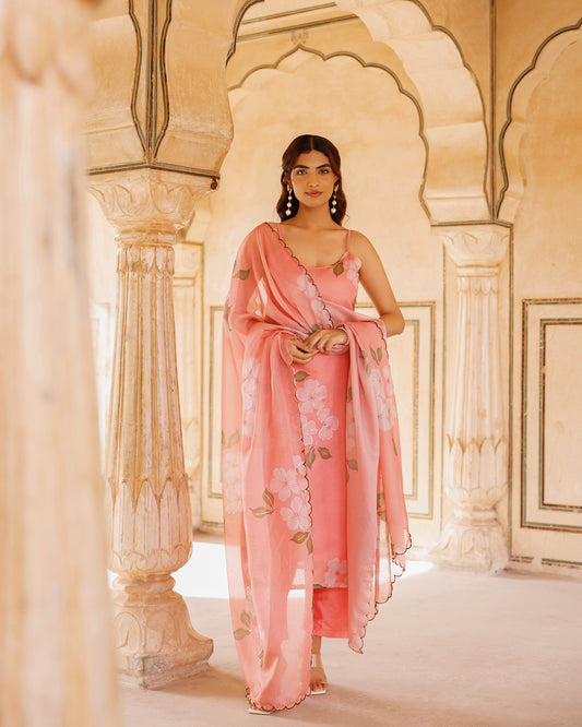 Peach Floral Printed Kota Doriya Strappy Kurta Set
