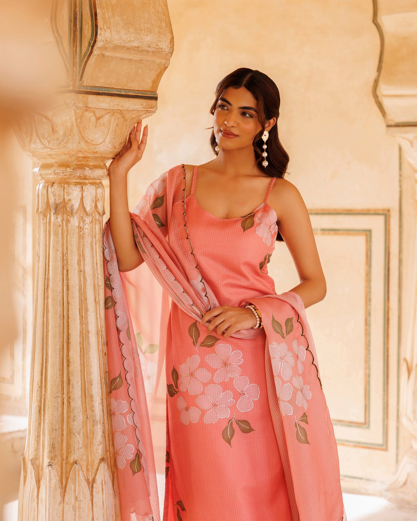 Peach Floral Printed Kota Doriya Strappy Kurta Set
