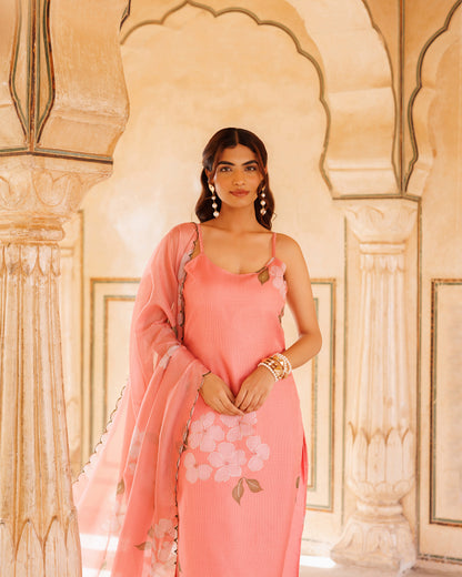 Peach Floral Printed Kota Doriya Strappy Kurta Set