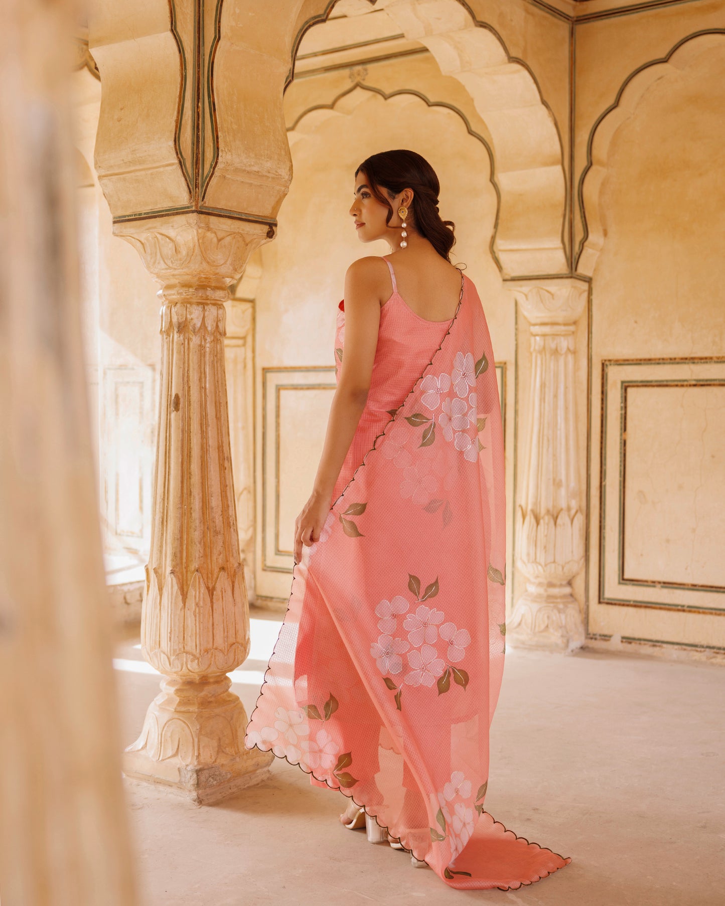 Peach Floral Printed Kota Doriya Strappy Kurta Set