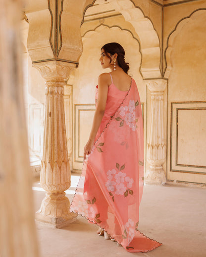 Peach Floral Printed Kota Doriya Strappy Kurta Set