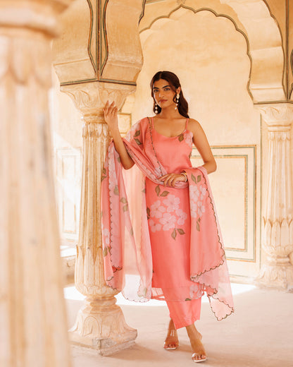 Peach Floral Printed Kota Doriya Strappy Kurta Set