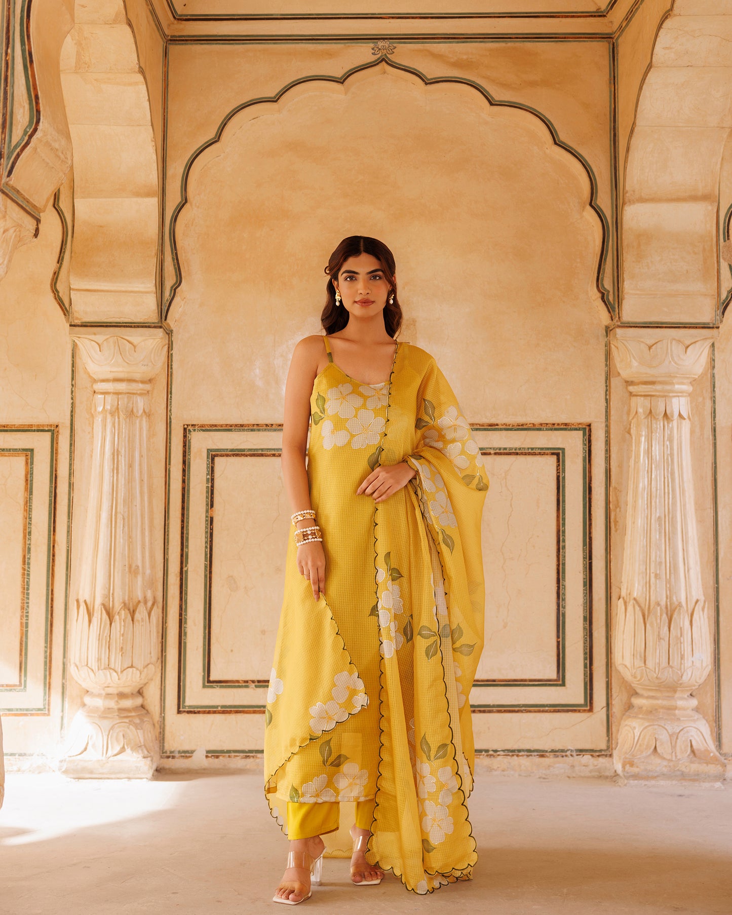 Mustard Floral Printed Kota Doriya Strappy Kurta Set