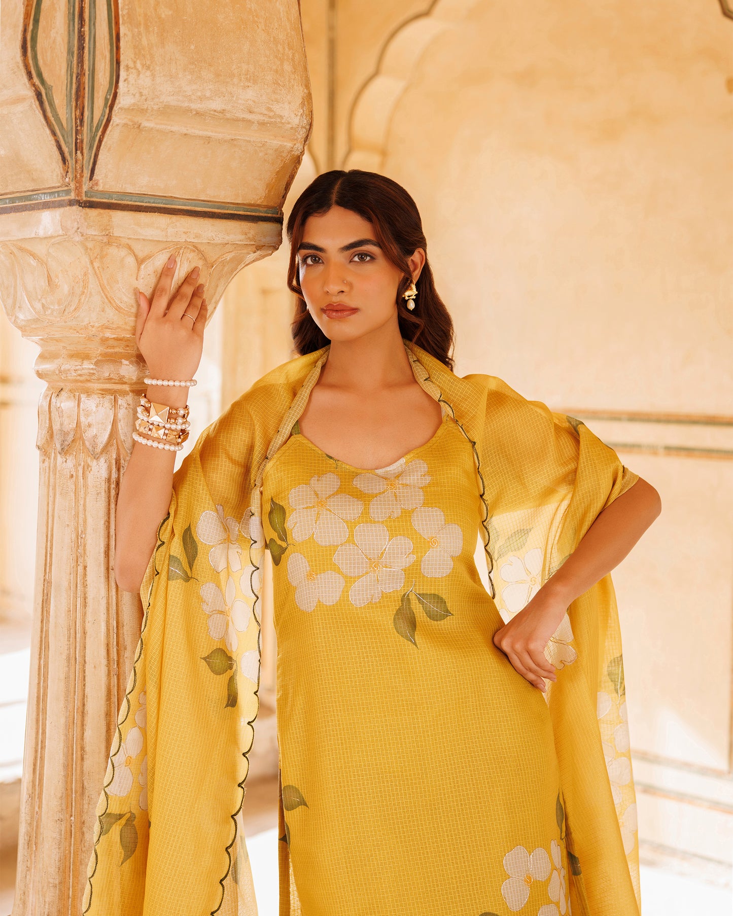 Mustard Floral Printed Kota Doriya Strappy Kurta Set