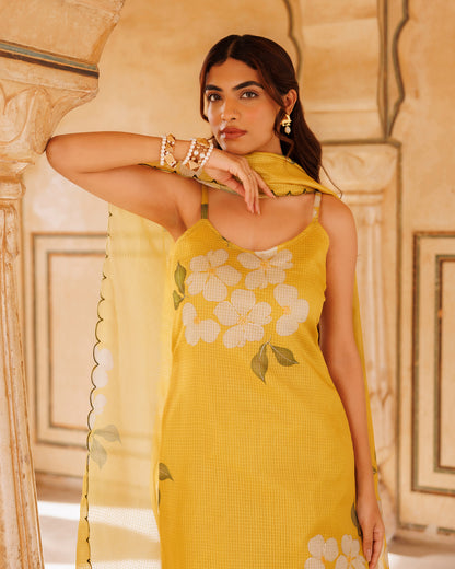 Mustard Floral Printed Kota Doriya Strappy Kurta Set