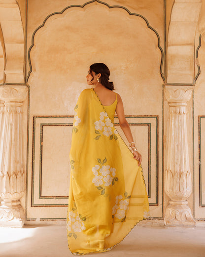 Mustard Floral Printed Kota Doriya Strappy Kurta Set
