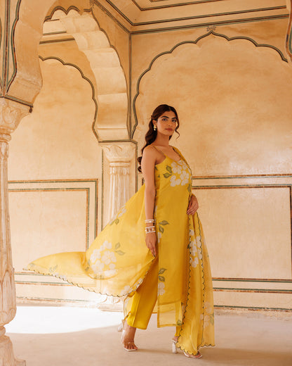 Mustard Floral Printed Kota Doriya Strappy Kurta Set