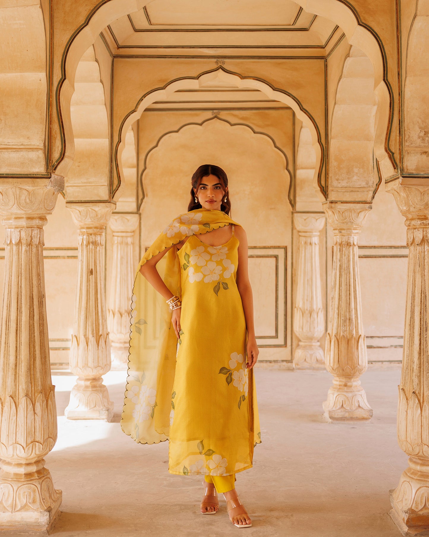 Mustard Floral Printed Kota Doriya Strappy Kurta Set