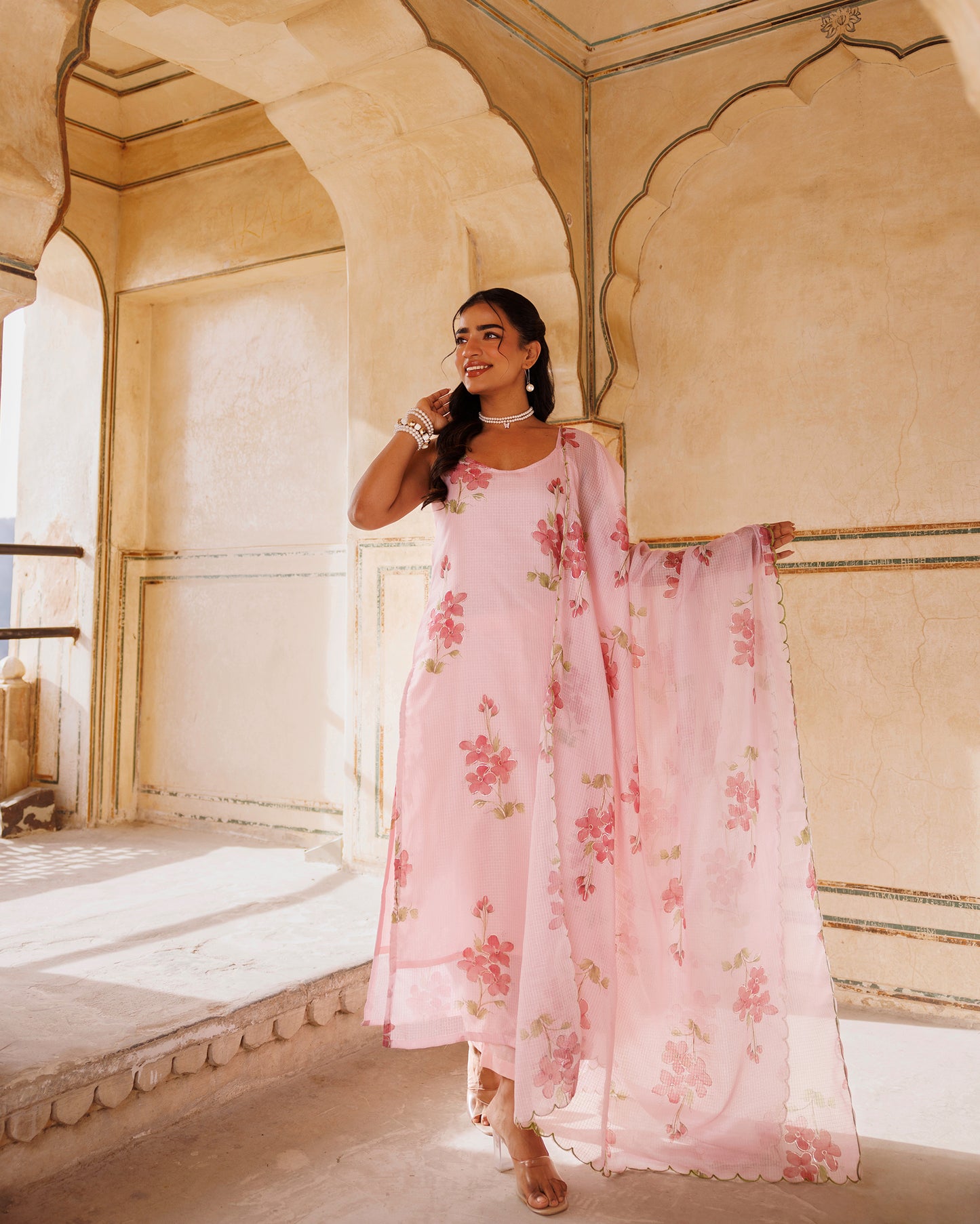 Pink Floral Printed Kota Doriya Strappy Kurta Set