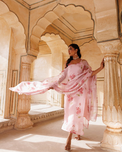 Pink Floral Printed Kota Doriya Strappy Kurta Set
