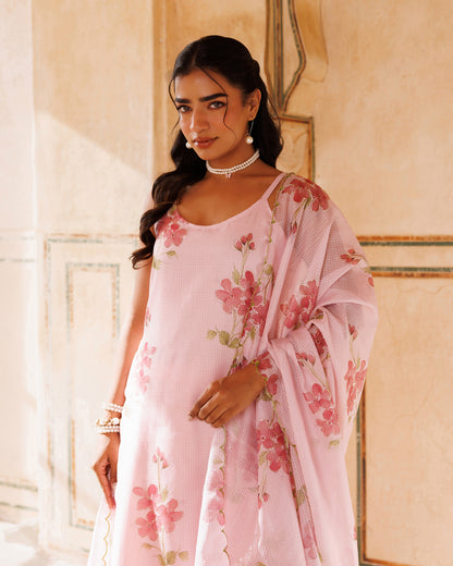 Pink Floral Printed Kota Doriya Strappy Kurta Set