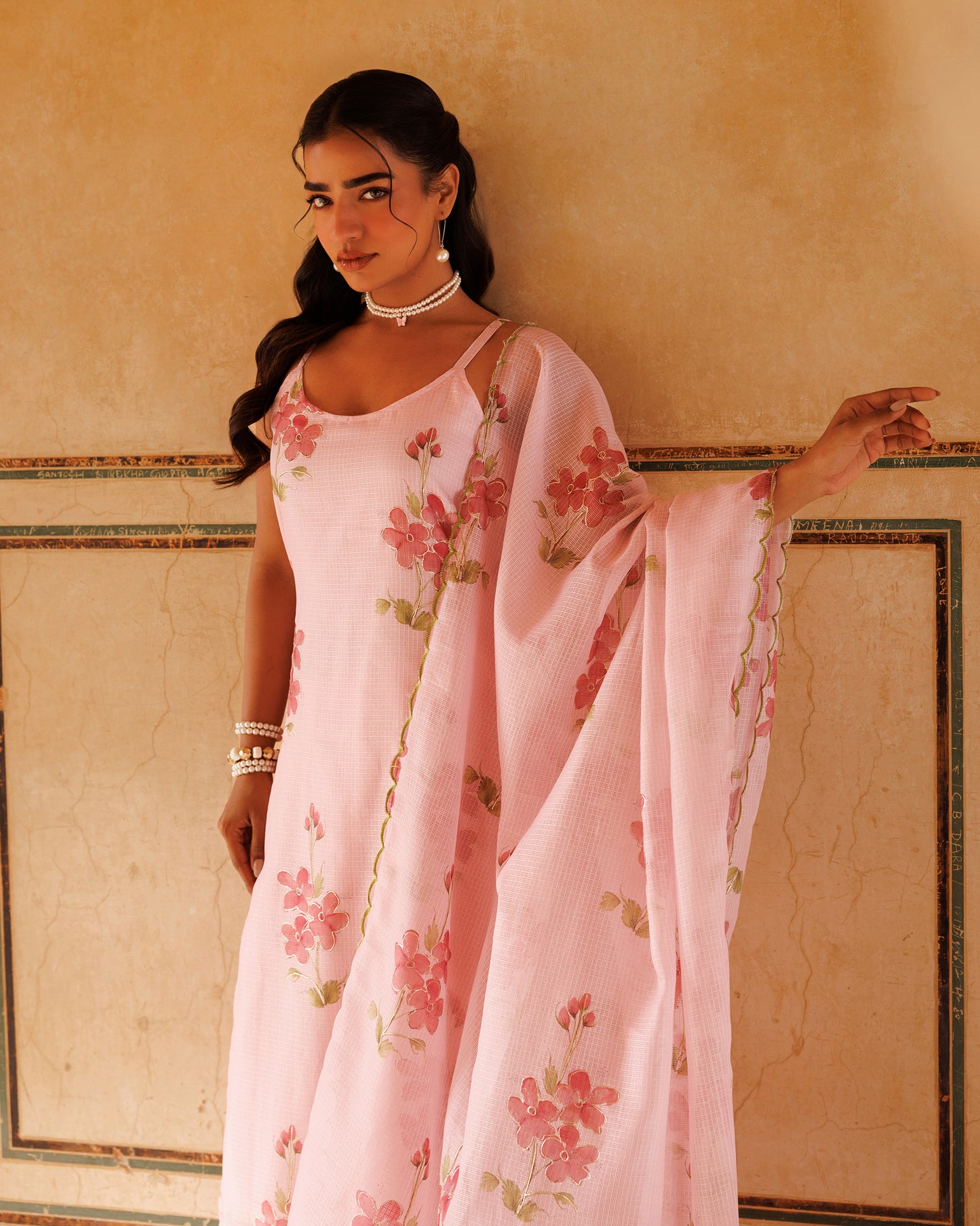 Pink Floral Printed Kota Doriya Strappy Kurta Set