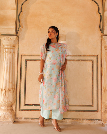 Pastel Green, Floral printed Kota Doriya Kurta Set