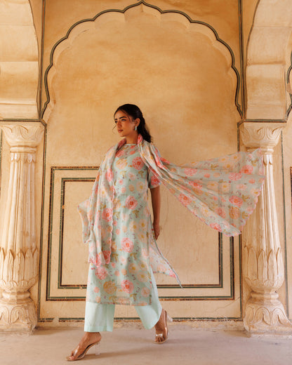 Pastel Green, Floral printed Kota Doriya Kurta Set
