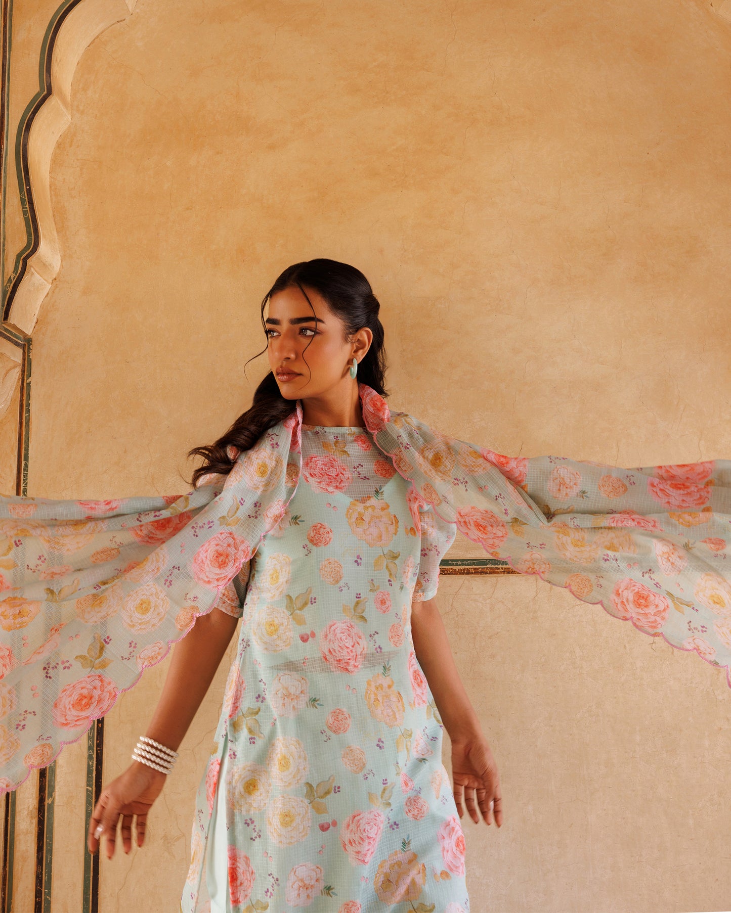 Pastel Green, Floral printed Kota Doriya Kurta Set