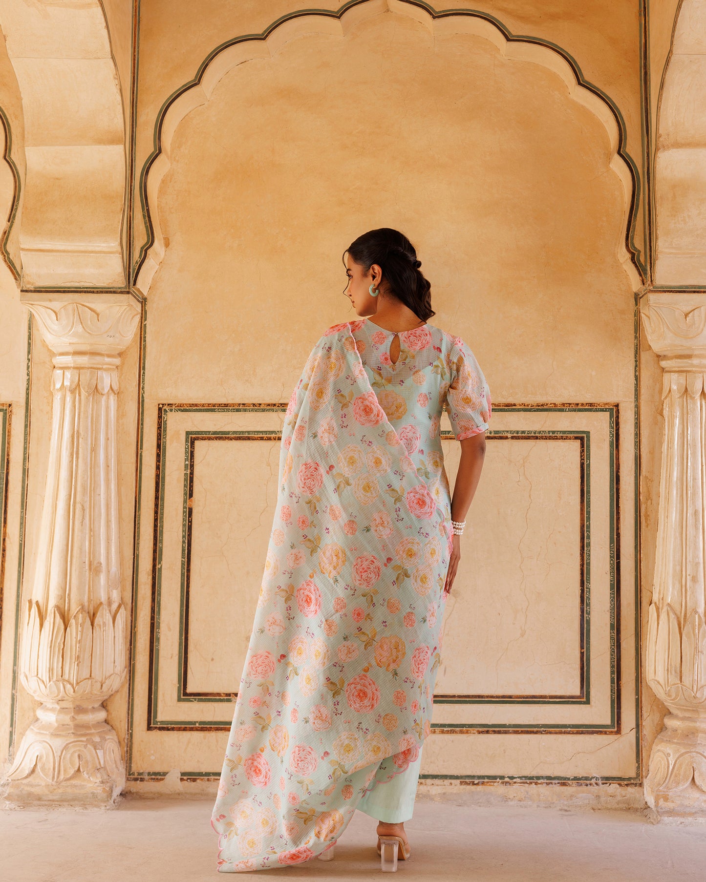 Pastel Green, Floral printed Kota Doriya Kurta Set