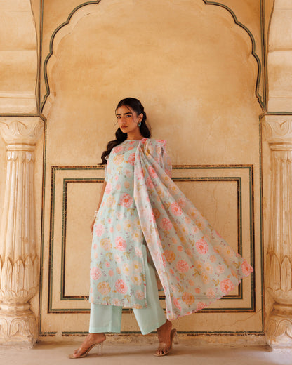 Pastel Green, Floral printed Kota Doriya Kurta Set