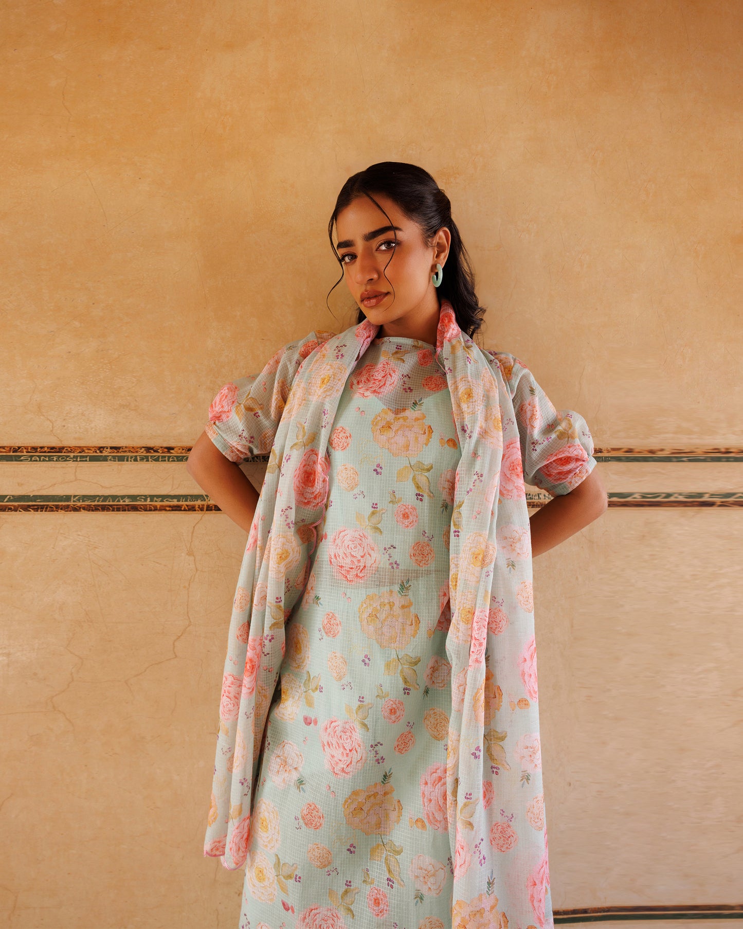 Pastel Green, Floral printed Kota Doriya Kurta Set