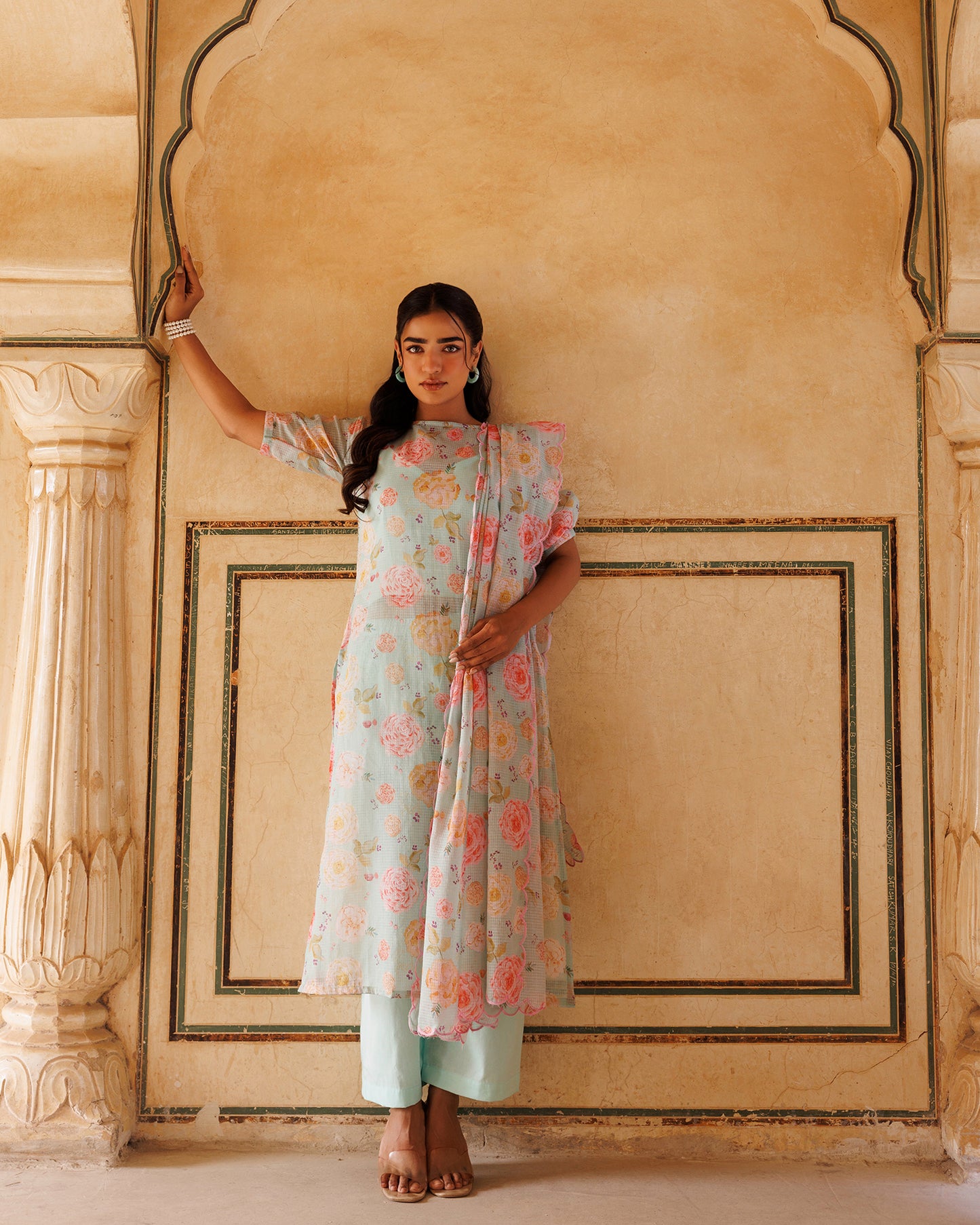 Pastel Green, Floral printed Kota Doriya Kurta Set