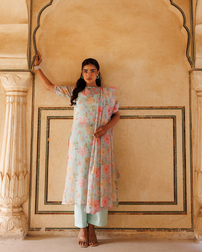 Pastel Green, Floral printed Kota Doriya Kurta Set